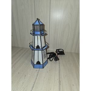 Vtg Tiffany Style Stained Glass Lighthouse Lamp Religious Nautical Samuel 22:29